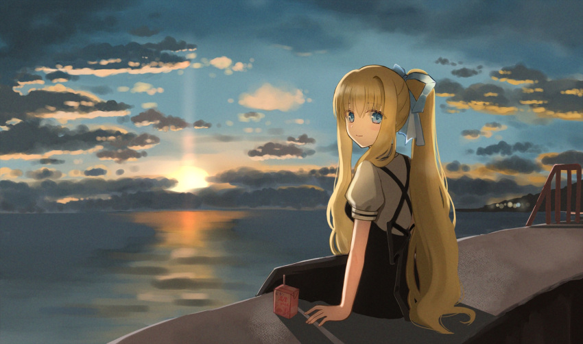 1girl air_(visual_novel) bangs blonde_hair blue_eyes blue_sky closed_mouth clouds commentary_request cup dress highres horizon kageniwa kamio_misuzu long_hair looking_at_viewer ocean outdoors pinafore_dress ponytail puffy_short_sleeves puffy_sleeves shirt short_sleeves sidelocks sitting sky smile solo sun white_shirt