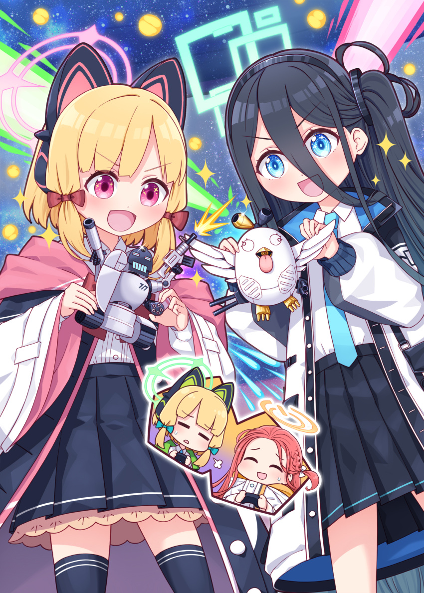 4girls :d ^_^ animal_ear_headphones animal_ears aris_(blue_archive) bangs black_hair black_hairband black_skirt black_thighhighs blonde_hair blue_archive blue_bow blue_eyes blue_necktie blush bow chibi chibi_inset closed_eyes collared_shirt commentary_request controller dress_shirt fake_animal_ears game_controller hair_between_eyes hair_bow hairband halo harada_(sansei_rain) headphones highres holding hood hood_down hooded_jacket jacket long_hair long_sleeves midori_(blue_archive) momoi_(blue_archive) multiple_girls necktie one_side_up open_clothes open_jacket parted_lips peroro_(blue_archive) pleated_skirt power_symbol puffy_long_sleeves puffy_sleeves red_bow robot shirt siblings sisters skirt smile sparkle sweat thigh-highs twins v-shaped_eyebrows very_long_hair white_jacket white_shirt yuzu_(blue_archive)
