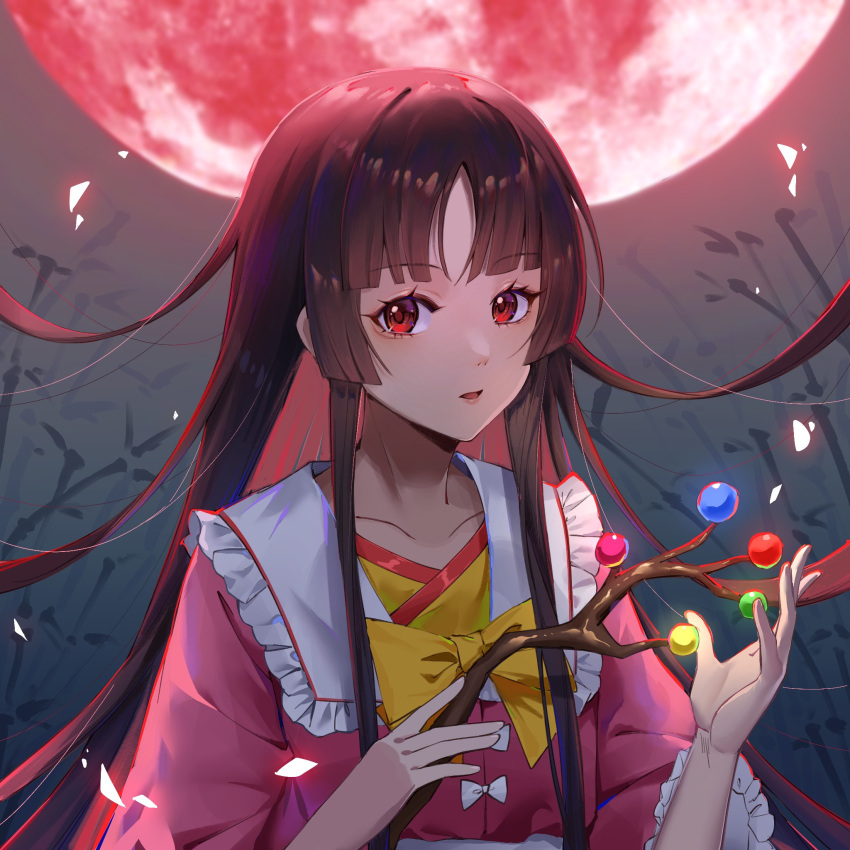 1girl bamboo bangs blunt_bangs blush bow branch brown_hair chinese_commentary collarbone collared_shirt commentary_request frilled_shirt_collar frills highres holding holding_branch houraisan_kaguya jeweled_branch_of_hourai jingshenquan long_hair looking_at_viewer moon parted_lips pink_shirt red_eyes shirt sidelocks solo touhou upper_body very_long_hair white_bow