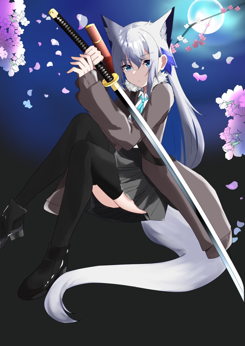 1girl absurdres animal_ear_fluff animal_ears bangs black_thighhighs blue_eyes cherry_blossoms commentary_request extra_ears fox_ears fox_girl fox_tail grey_jacket grey_skirt hair_between_eyes hair_ornament highres holding holding_sword holding_weapon jacket kamishiro_may katana long_hair looking_at_viewer open_clothes open_jacket original sheath shirt sidelocks skirt solo sword tail thigh-highs weapon white_hair white_shirt