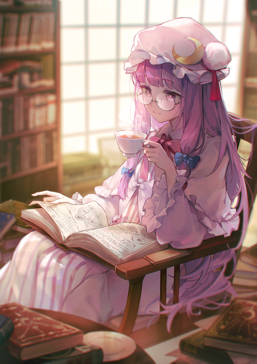 1girl bangs bespectacled blue_bow book bookshelf bow chair closed_mouth crescent crescent_hat_ornament cup dress frilled_sleeves frills glasses hair_bow hat hat_ornament highres holding holding_cup kyusoukyu long_hair long_sleeves mob_cap open_book patchouli_knowledge purple_hair red_bow round_eyewear sidelocks sitting solo striped striped_dress touhou vertical-striped_dress vertical_stripes violet_eyes white_headwear wide_sleeves