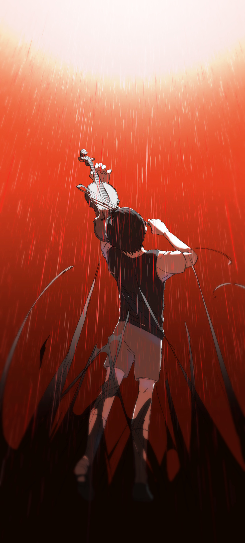 1boy absurdres arm_up black_footwear black_hair black_vest bow_(music) collared_shirt commentary_request facing_away full_body gradient_background grey_shorts hand_up head_tilt highres holding holding_bow_(music) holding_instrument instrument male_focus music omori playing_instrument rain red_background shirt shoes short_hair short_sleeves shorts simple_background socks solo sunny_(omori) vest violin white_shirt white_socks yiciyuanchoutibeliya
