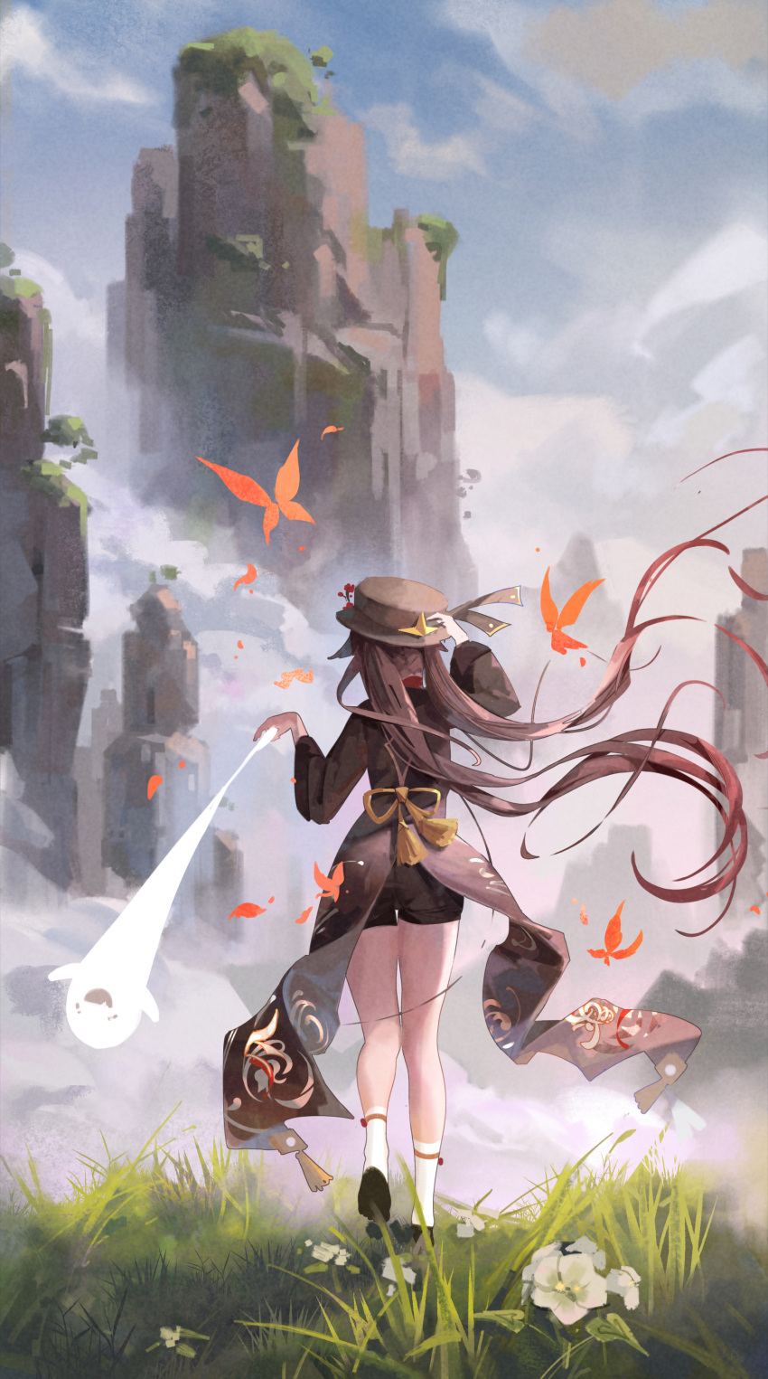 1girl absurdres arm_up black_shorts blue_sky boo_tao_(genshin_impact) brown_coat brown_hair brown_headwear bug butterfly cliff clouds coat coattails colored_tips day facing_away floating_hair flower from_behind full_body genshin_impact ghost gradient_hair grass hand_on_headwear hand_up hat highres holding hu_tao_(genshin_impact) legs long_hair long_sleeves meiyan_(boyimachao) multicolored_hair orange_butterfly outdoors porkpie_hat short_shorts shorts sky socks solo tassel thighs twintails very_long_hair walking white_flower white_socks