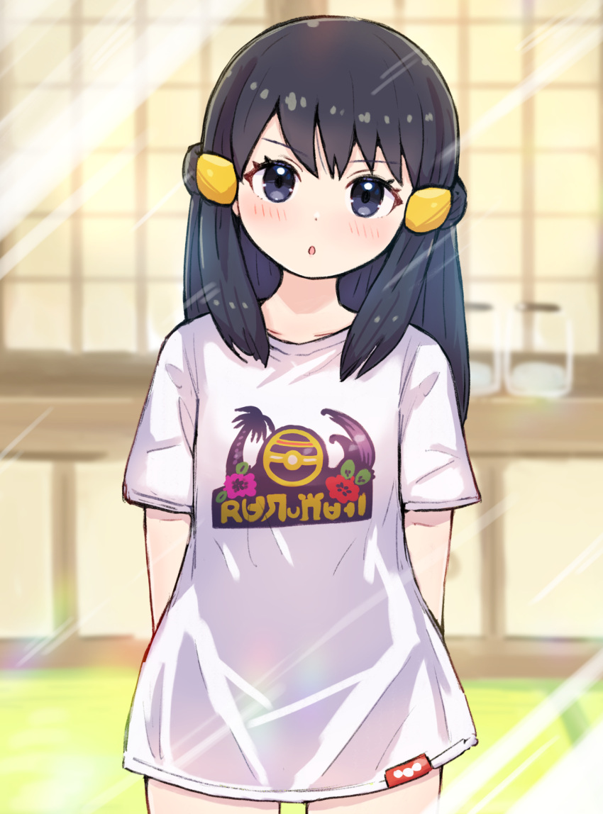 1girl :o akari_(pokemon) bangs black_hair blush commentary_request cowboy_shot eyelashes grey_eyes hair_ornament hairclip highres indoors kutabireta_neko long_hair looking_at_viewer mirror parted_lips pokemon pokemon_(game) pokemon_legends:_arceus print_shirt shirt short_sleeves sidelocks solo t-shirt