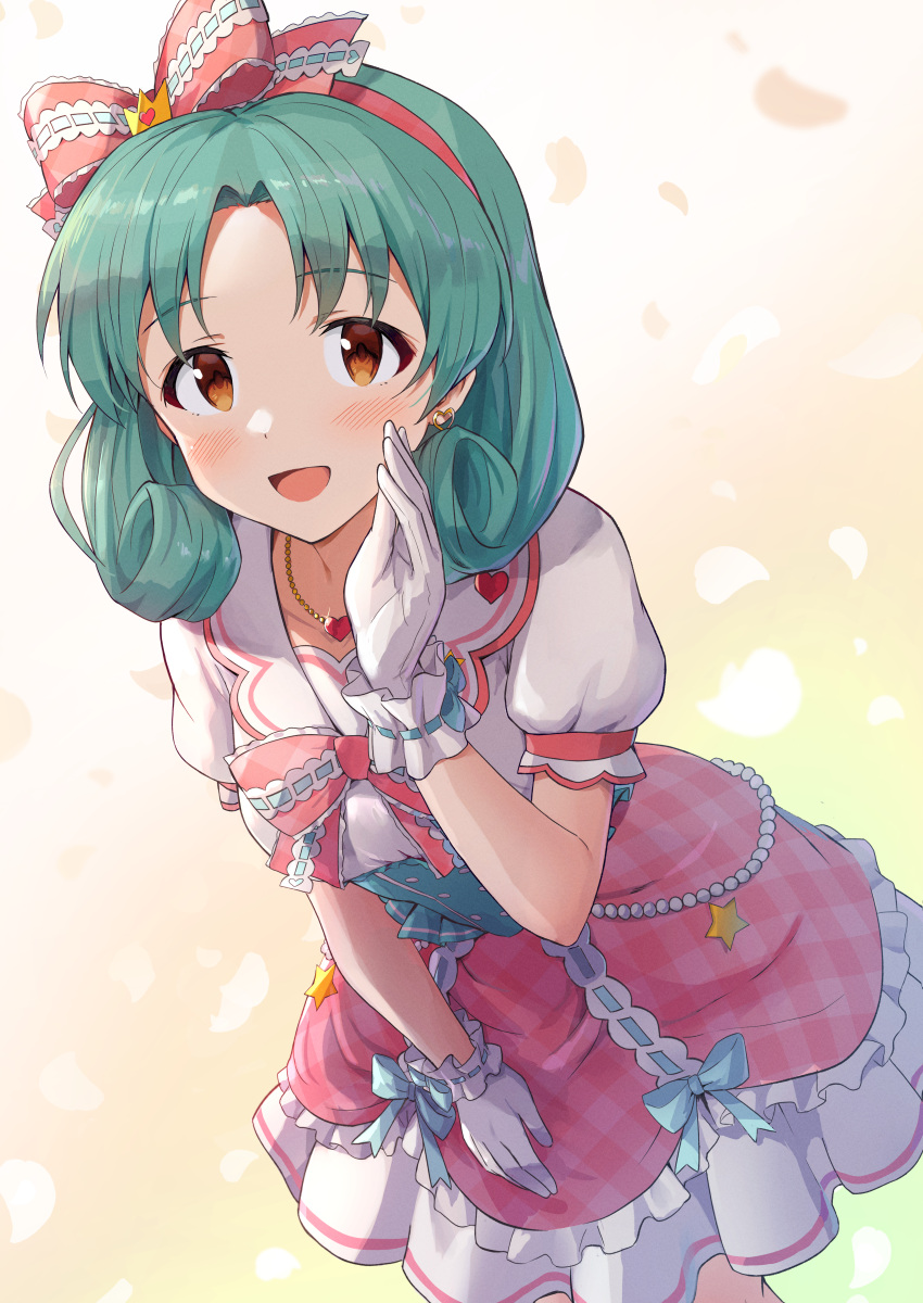 1girl absurdres bangs blush breasts brown_eyes commentary dot_nose dress earrings flipped_hair frilled_ribbon frills gloves gradient_background green_hair hand_up heart heart_earrings heart_necklace highres idolmaster idolmaster_million_live! jewelry leaning_forward medium_breasts medium_hair necklace open_mouth parted_bangs petticoat pink_dress plaid plaid_dress puffy_short_sleeves puffy_sleeves ribbon short_sleeves shuucream_(syuichi) smile solo tokugawa_matsuri white_gloves