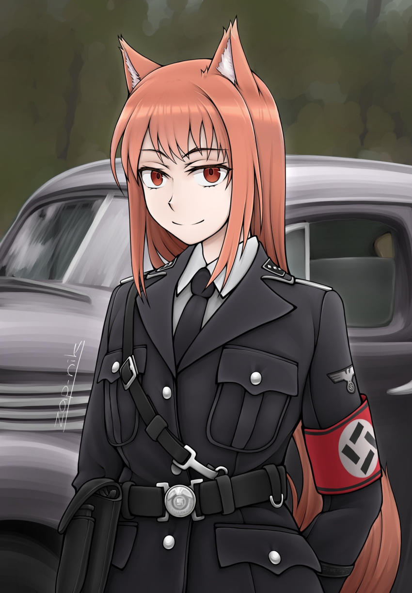 1girl alternate_costume animal_ears armband arms_at_sides artist_name belt belt_buckle black_belt black_jacket black_necktie black_straps breast_pocket brown_eyes buckle buttons car censored closed_mouth collar_tabs collared_shirt cuff_title day ground_vehicle highres holo jacket lapels long_hair looking_at_viewer military military_jacket military_uniform motor_vehicle nazi necktie notched_lapels opel_(company) opel_kapitan orange_hair outdoors patch pocket pointless_censoring pouch red_armband reichsadler sanpaku sheath shirt shoulder_strap sidelocks smile solo spice_and_wolf ss_insignia ss_uniform straight_hair strap swastika third-party_source uniform upper_body waffen-ss white_shirt wolf_ears wolf_girl world_war_ii zap-nik