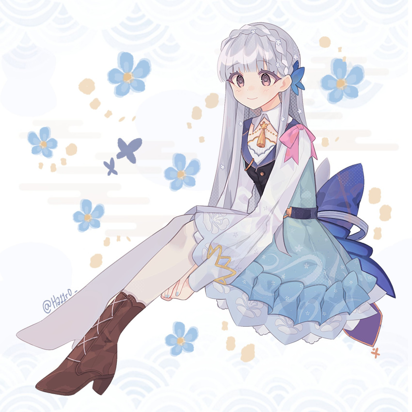 1girl alternate_hairstyle artist_name bangs blue_bow blue_dress blue_flower blush boots bow braid brown_footwear butterfly_hair_ornament closed_mouth collar crown_braid dress dress_bow floral_background flower genshin_impact ha11ro hair_down hair_flower hair_ornament high_heels highres kamisato_ayaka kamisato_ayaka_(springbloom_missive) long_hair looking_at_viewer mole mole_under_eye multicolored_clothes multicolored_dress neck_tassel no_headwear official_alternate_costume pantyhose pink_bow sitting smile solo twitter_username white_collar white_pantyhose