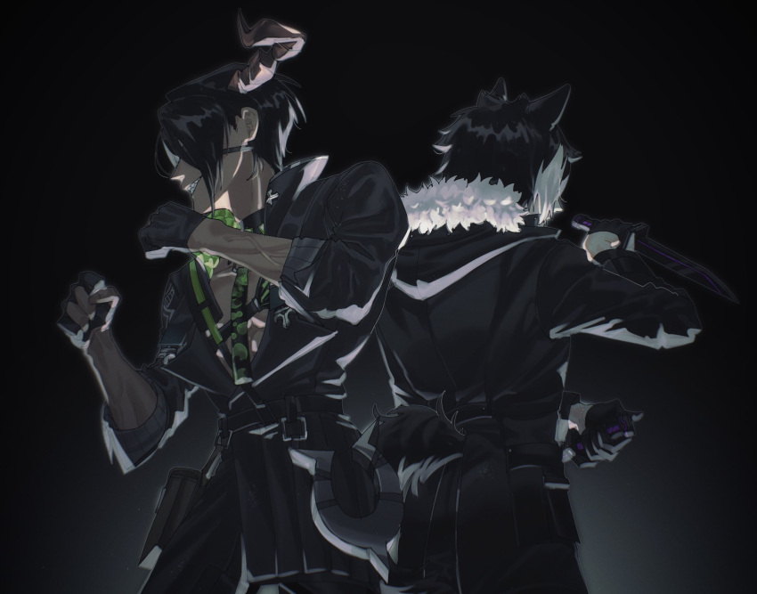 2boys abs animal_ears aragami_oga back-to-back belt belt_pouch black_background black_belt black_coat black_collar black_gloves black_hair black_pants black_shirt chest_guard clenched_hands coat collar cowboy_shot dagger dark-skinned_male dark_skin dual_wielding eyepatch facing_away fighting_stance fur-trimmed_coat fur_trim gloves grin hair_over_one_eye half_gloves highres holding holding_dagger holding_knife holding_weapon holostars horns jackal_boy jackal_ears jackal_tail kageyama_shien knife mafia_(holostars) male_focus momiage_40 multicolored_hair multiple_boys necktie open_clothes open_shirt pants partially_fingerless_gloves pouch reverse_grip sam_browne_belt sharp_teeth shirt short_hair single_horn sleeves_rolled_up smile tail teeth two-tone_hair veins veiny_arms virtual_youtuber weapon white_hair yellow_eyes