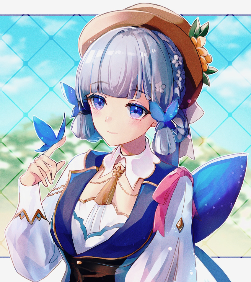 1girl bangs blue_eyes blue_hair blunt_bangs blush braid bug butterfly butterfly_hair_ornament closed_mouth collar commentary_request flower genshin_impact hair_flower hair_ornament hair_up hand_up hat hat_flower hat_ribbon highres kamisato_ayaka kmes_niku light_blue_hair long_sleeves puffy_long_sleeves puffy_sleeves ribbon smile solo upper_body white_collar white_flower white_ribbon