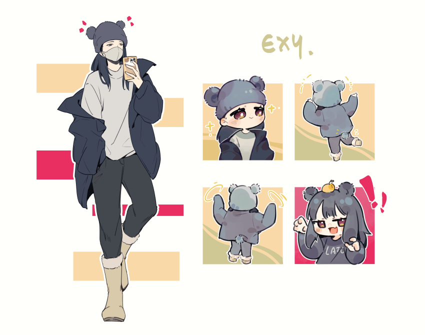 ! !! 1girl absurdres akechi_(826988799) animal_ear_headwear animal_ears animification beanie bear_ears black_footwear black_hair black_jacket black_pants boots brown_eyes character_name chibi chinese_commentary claw_pose exy_(wjsn) food food_on_head fruit_on_head full_body grey_headwear grey_shirt hat highres holding holding_phone jacket k-pop kemonomimi_mode long_hair multiple_views object_on_head off_shoulder open_mouth pants phone real_life shirt wjsn