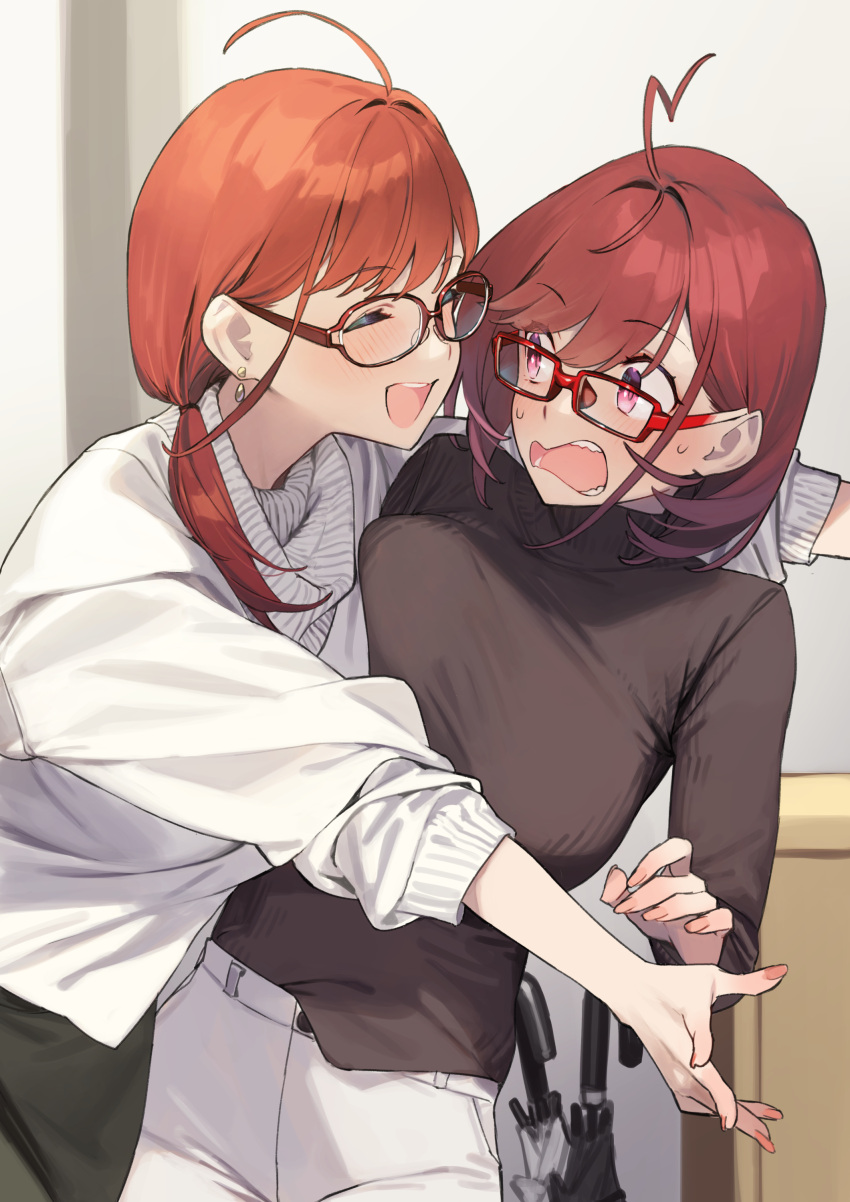 2girls 92m :d absurdres age_difference ahoge blush closed_eyes commentary commentary_request earrings glasses hair_intakes highres hug indoors jewelry kinshi_no_ane looking_at_another mother_and_daughter multiple_girls original pants pink_eyes sanako_(92m) smile sweatdrop turtleneck umbrella