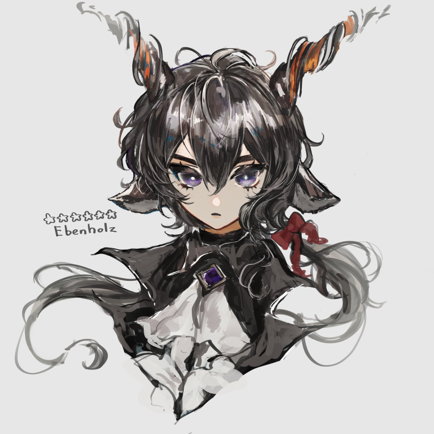 1boy animal_ears arknights bishounen black_hair character_name ebenholz_(arknights) goat_boy goat_ears highres horns long_hair looking_at_viewer male_focus neckerchief pomopomoinu red_ribbon ribbon simple_background solo star_(symbol) upper_body violet_eyes white_background