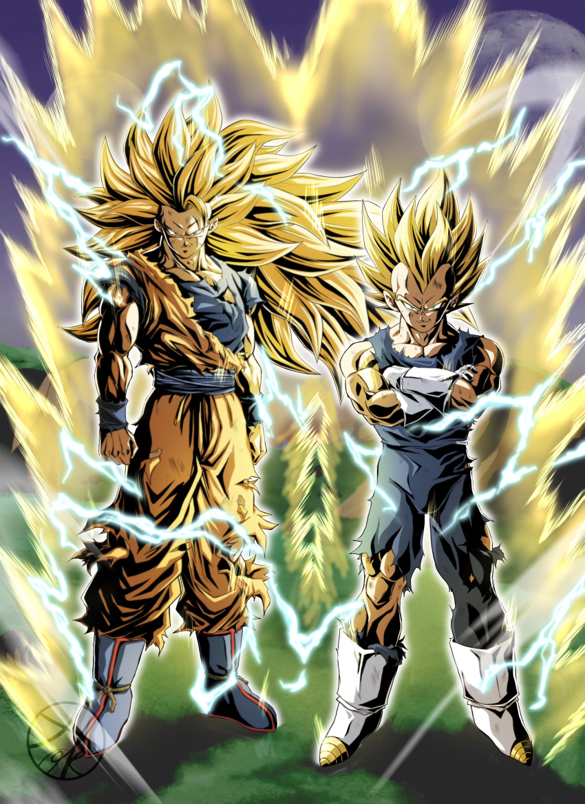 2boys absurdres arms_at_sides aura biceps blonde_hair blue_footwear blue_sash blue_shirt blue_wristband boots clenched_hands closed_mouth commentary_request crossed_arms dougi dragon_ball dragon_ball_z dragon_ball_z_dokkan_battle electricity energy floating_hair full_body gloves green_eyes highres long_hair looking_at_viewer male_focus multiple_boys muscular muscular_male no_eyebrows pectoral_cleavage pectorals sash scratches shirt short_hair smile smirk son_goku spiky_hair standing super_saiyan super_saiyan_2 super_saiyan_3 torn_clothes toshi_s_art v-shaped_eyebrows vegeta watermark white_footwear white_gloves wristband