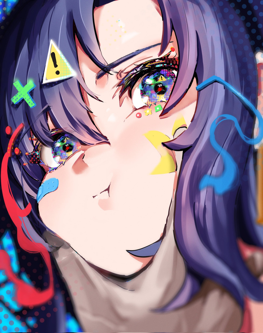 1boy 1girl bandaid bandaid_on_face blue_archive blue_hair blush close-up hair_between_eyes hair_ornament hairpin hand_on_another's_cheek hand_on_another's_face highres looking_at_viewer multicolored_eyes pout purple_hair sstthei sticker sticker_on_face symbol-shaped_pupils violet_eyes yuuka_(blue_archive)