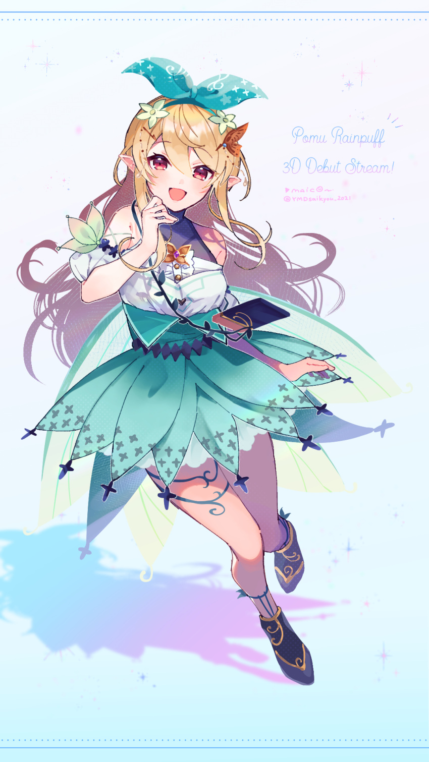 1girl :d bangs bare_shoulders blonde_hair blush breasts detached_sleeves fairy fairy_wings flower green_hairband green_ribbon green_skirt green_wings hair_between_eyes hair_flower hair_ornament hair_ribbon hairband hairclip high-waist_skirt highres lazulight long_hair looking_at_viewer maico_(manya0321) medium_breasts nijisanji nijisanji_en pointy_ears pomu_rainpuff puffy_short_sleeves puffy_sleeves red_eyes ribbon short_sleeves skirt smile solo thighs transparent_wings very_long_hair virtual_youtuber white_flower white_sleeves wings