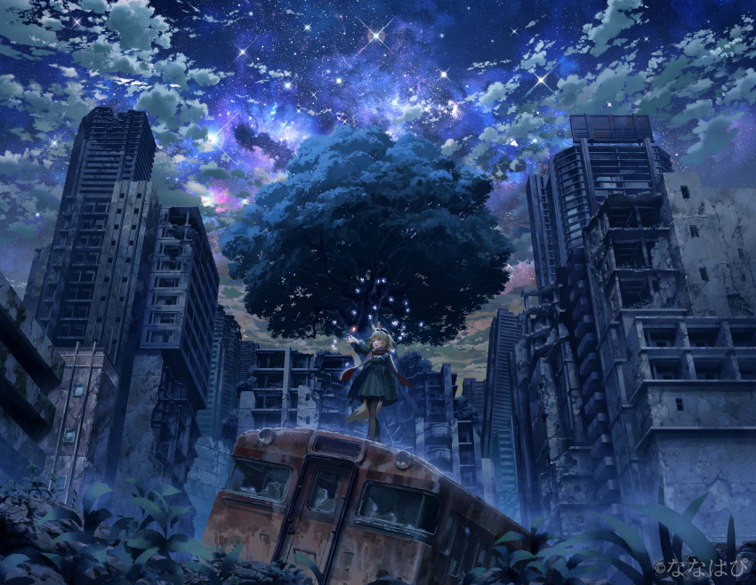 1girl aldin_nicola billboard broken_glass brown_hair bug building butterfly city clouds cloudy_sky fox_tail glass ground_vehicle highres open_mouth outstretched_hand ruins scenery seventh_happiness shijohane sky skyscraper solo star_(sky) starry_sky tail train tree