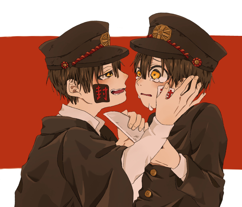 1boy bangs black_headwear black_jacket brown_hair buttons collared_shirt commentary crying crying_with_eyes_open dual_persona fingernails from_side gakuran hanako_(jibaku_shounen_hanako-kun) hat_ornament highres holding holding_knife jacket jibaku_shounen_hanako-kun kanji knife long_sleeves looking_at_another male_focus open_mouth parted_lips profile red_background school_uniform shirt short_hair symbol-only_commentary tears teeth upper_body white_background white_shirt yaoyorozu_23 yellow_eyes