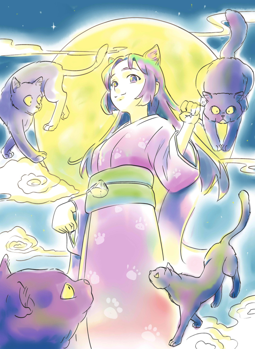 1girl absurdres animal_ears cat cat_ears clouds commentary_request full_moon highres japanese_clothes kimono long_hair moon night night_sky original paw_pose pink_mousse purple_hair purple_kimono sky smile star_(sky) violet_eyes
