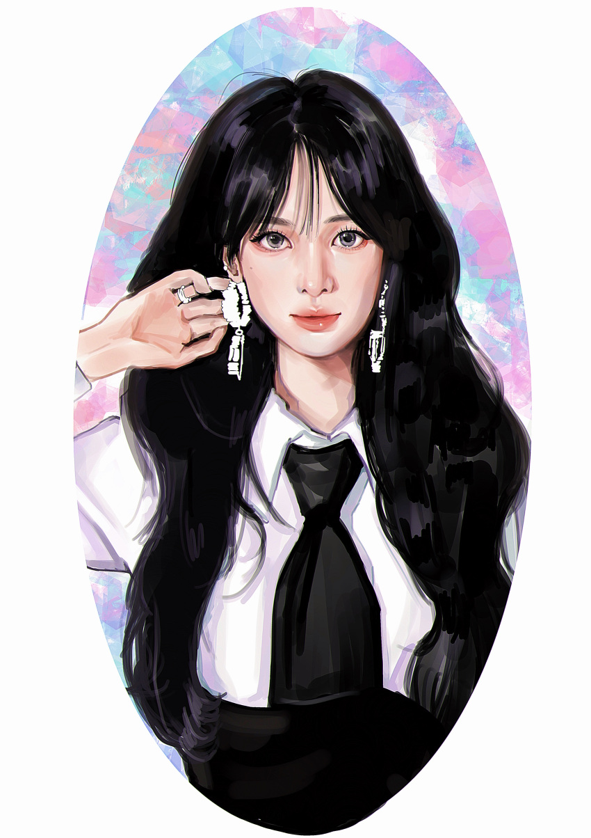 1girl absurdres bangs black_necktie collared_shirt earrings grey_eyes highres jewelry k-pop looking_at_viewer ma_xiao_ya mole mole_under_eye necktie real_life realistic ring seola_(wjsn) shirt solo white_shirt wjsn