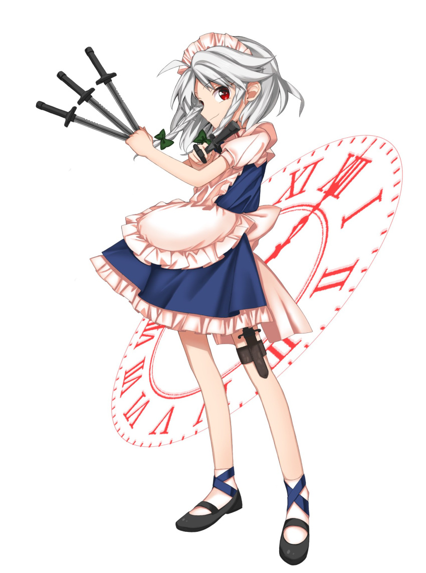 1girl ahoge apron back_bow bangs between_fingers black_footwear blue_dress blue_ribbon bow braid closed_mouth collared_dress commentary_request crossed_arms dress frills full_body green_bow grey_hair hair_bow hands_up highres holding holding_knife holding_weapon izayoi_sakuya keiki8296 knife leg_ribbon looking_at_viewer maid maid_headdress puffy_short_sleeves puffy_sleeves red_eyes ribbon shoes short_hair short_sleeves simple_background smile socks solo standing touhou twin_braids weapon white_apron white_background white_bow white_socks wing_collar