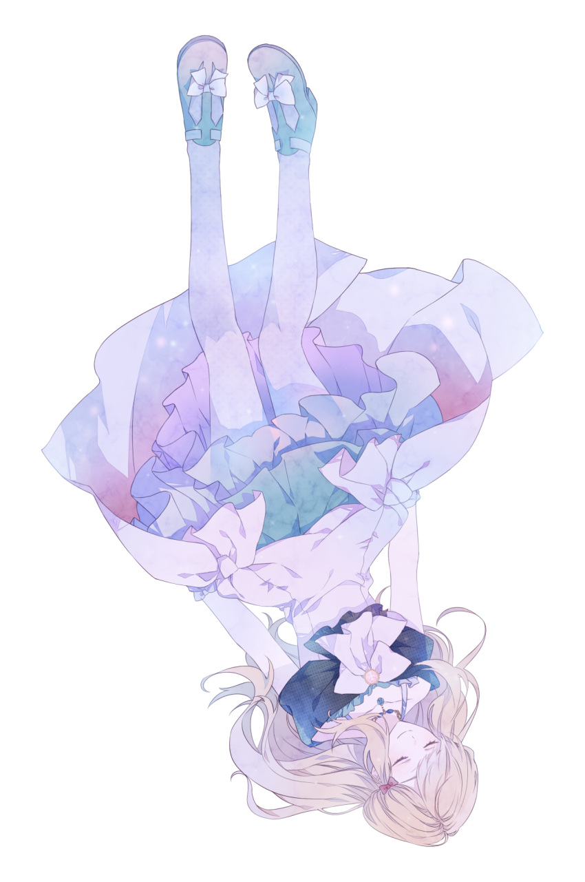 1girl black_wolves_saga blonde_hair blue_dress bow closed_eyes closed_mouth dress falling fiona_galland hair_bow highres long_hair long_sleeves pink_bow smile solo upside-down white_background yukiralu