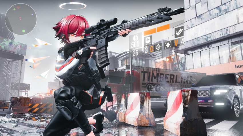 1girl absurdres ar-15 arknights assault_rifle barbed_wire barricade black_footwear black_gloves black_pants building car city clouds cloudy_sky commentary_request debris detached_wings earpiece exusiai_(arknights) fence fingerless_gloves ford ford_crown_victoria gloves ground_vehicle gun halo highres holding holding_gun holding_weapon jacket jersey_barrier knee_pads kneeling lamppost map motor_vehicle orange_eyes outdoors pants peterbilt range_rover redhead rifle road scenery semi_truck seymour shoes short_hair sky sneakers solo sports_utility_vehicle tactical_clothes tom_clancy's_the_division traffic_light trailer truck urban weapon white_jacket wings
