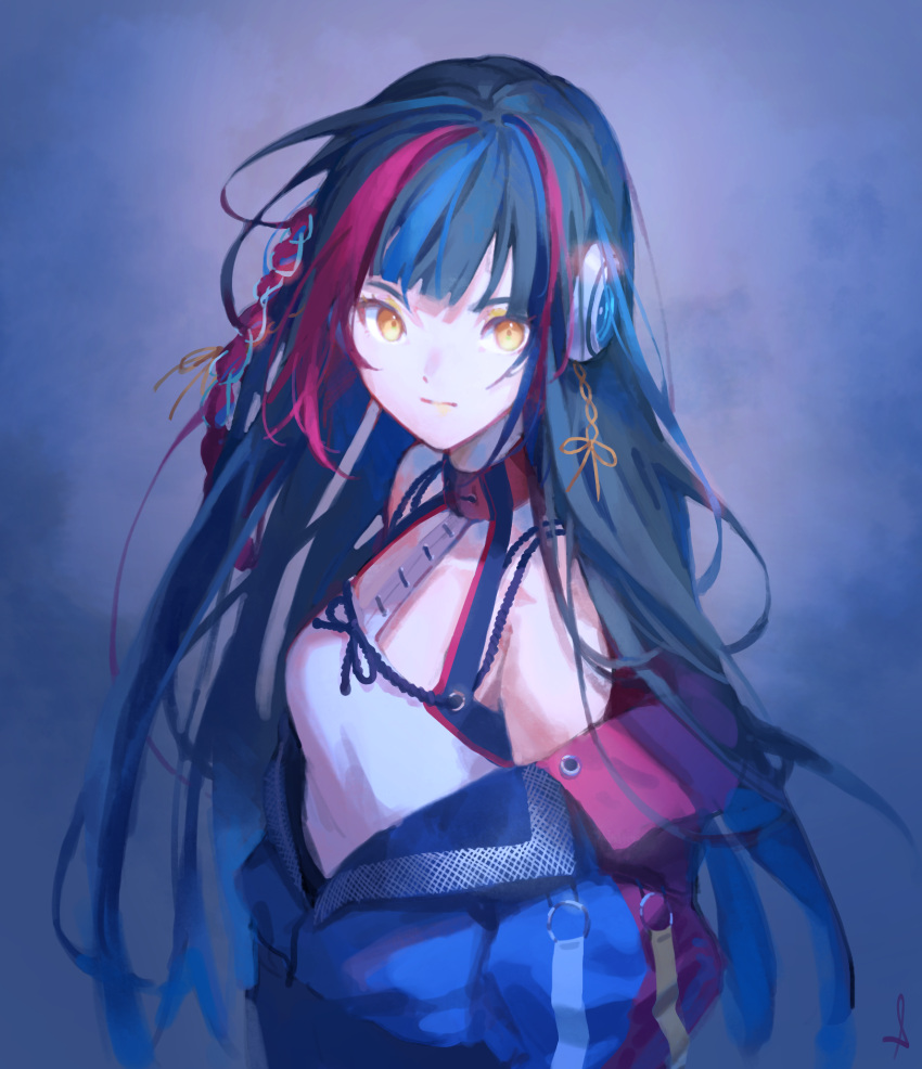 1girl bare_shoulders blue_background blue_hair collar commentary_request harusaruhi highres jacket kamitsubaki_studio multicolored_hair open_clothes open_jacket partially_unzipped redhead serious shijohane simple_background two-tone_hair upper_body yellow_eyes