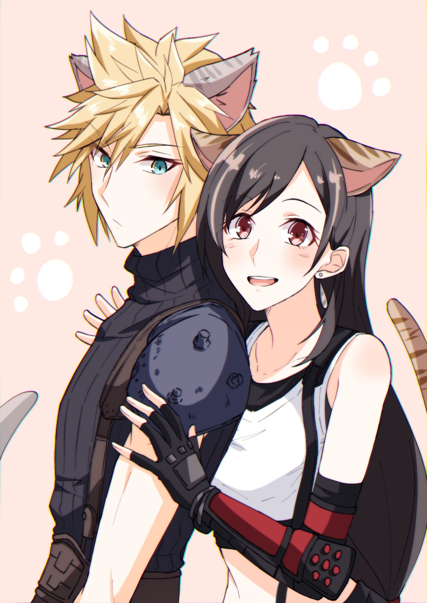 1boy 1girl absurdres animal_ears arm_guards armor bangs bare_shoulders black_gloves black_hair black_skirt black_sports_bra blonde_hair blue_eyes blush cat_ears cat_tail closed_mouth cloud_strife crop_top earrings elbow_gloves final_fantasy final_fantasy_vii final_fantasy_vii_remake fingerless_gloves gloves highres jewelry long_hair looking_at_viewer low-tied_long_hair midriff mizuamememe open_mouth red_eyes ribbed_sweater shoulder_armor single_earring skirt sleeveless sleeveless_turtleneck spiky_hair sports_bra suspender_skirt suspenders sweater swept_bangs tail tank_top teeth tifa_lockhart turtleneck turtleneck_sweater undershirt upper_body upper_teeth_only white_tank_top