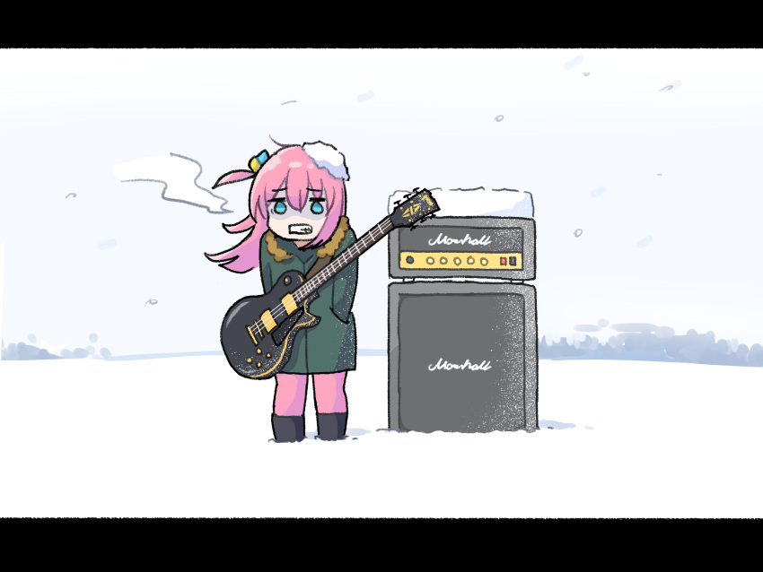1girl absurdres amplifier aqua_eyes black_footwear bocchi_the_rock! boots clenched_teeth coat electric_guitar gotou_hitori grey_coat guitar hands_in_pockets highres instrument letterboxed long_hair long_sleeves marshall oishi_oiru one_side_up outdoors pants pink_hair pink_pants shaded_face snow snow_on_head solo standing teeth
