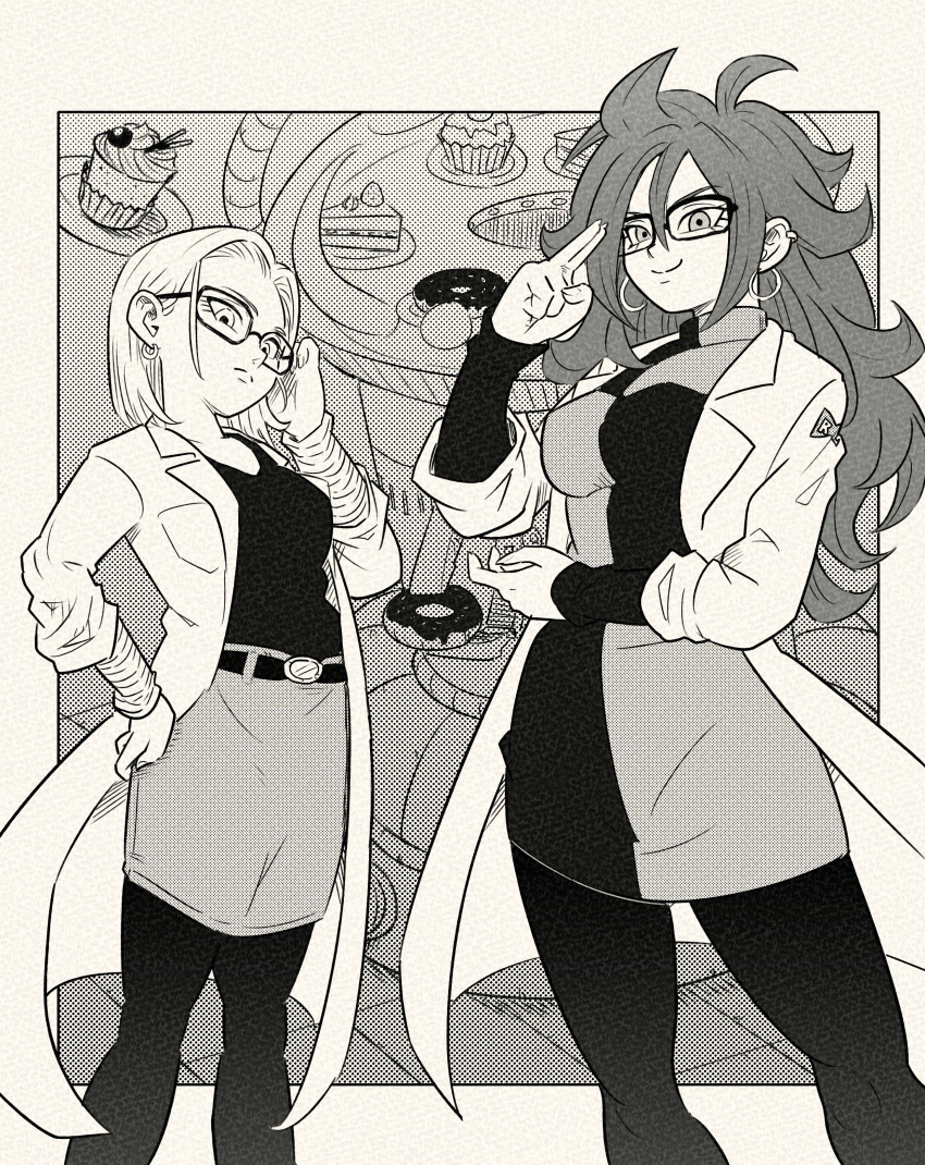2girls absurdres adjusting_eyewear android_18 android_21 bespectacled cake commentary cupcake doughnut dragon_ball dragon_ball_fighterz dress ear_piercing earrings food frown glasses greyscale hand_on_hip highres hoop_earrings jewelry labcoat medium_skirt monochrome multiple_girls pants pants_under_skirt pantyhose piercing pink_mousse short_dress skirt smile