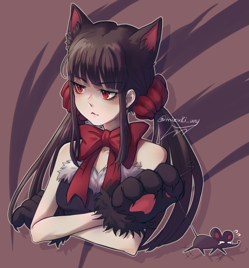 1girl animal animal_ears animal_hands artist_name bangs bare_arms bare_shoulders black_dress blunt_bangs bow bowtie brown_background cat_ears cat_girl cat_paws cropped_torso danganronpa_(series) danganronpa_v3:_killing_harmony dress fang fleeing frown fur-trimmed_dress fur_trim hair_ornament hair_scrunchie halloween_costume harukawa_maki highres holding_another's_tail long_hair looking_to_the_side mole mole_under_eye mouse nika_kapustka outline red_bow red_bowtie red_scrunchie scrunchie skin_fang solo tail white_outline