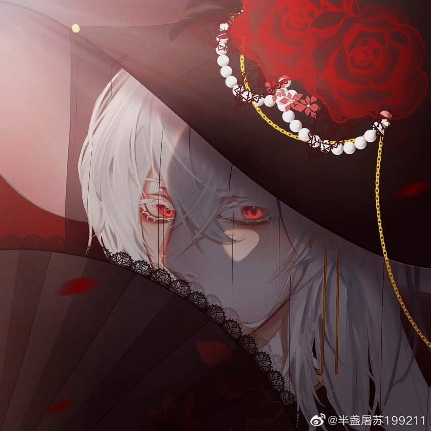 1boy androgynous bangs bishounen chain chinese_commentary colored_skin commentary_request covering_mouth crossdressing crossed_bangs dress earrings flower gem girly_boy gloves hand_fan hat holding holding_fan jewelry lace lace-trimmed_fan lace_trim lace_veil long_hair looking_at_viewer male_focus otoko_no_ko pale_skin pearl_(gemstone) red_flower red_rose rose solo thriller_trainee transparent upper_body victorian weibo_7805573989 white_hair white_skin zong_jiu