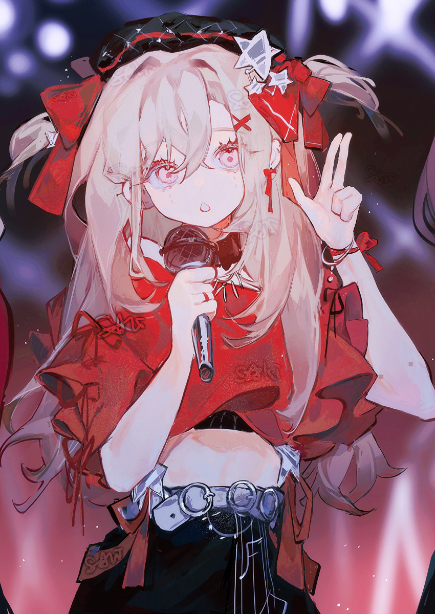 1girl absurdres belt black_headwear black_pants blonde_hair chinese_commentary commentary_request cowboy_shot crop_top hat hat_ribbon highres holding holding_microphone long_hair mengtunshaojing microphone open_mouth original pants pink_eyes red_ribbon red_shirt ribbon shirt signature solo star_(symbol) two_side_up white_belt