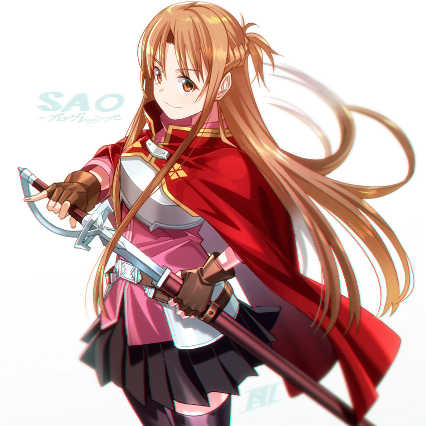 1girl armor asuna_(sao) asymmetrical_bangs bangs belt black_skirt black_thighhighs braid breastplate brown_belt brown_eyes brown_gloves brown_hair cape closed_mouth copyright_name drawing_sword dress_shirt fantasy feet_out_of_frame fingerless_gloves french_braid gloves highres holding holding_sheath holding_sword holding_weapon is_ii long_hair looking_at_viewer miniskirt pink_shirt pinky_out pleated_skirt rapier red_cape sheath sheathed shirt short_ponytail simple_background skirt smile solo sword sword_art_online sword_art_online_progressive thigh-highs weapon zettai_ryouiki
