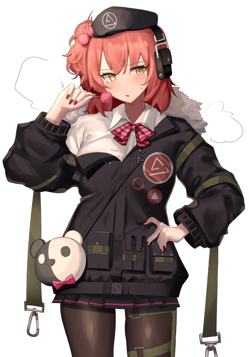 1girl 360_(taiyo360) absurdres ahoge bangs beret blush collared_shirt cowboy_shot dress_shirt girls_frontline hat highres looking_to_the_side mp7_(girls'_frontline) off_shoulder pantyhose pleated_skirt red_nails redhead shirt side_ponytail skirt solo sweat thigh_strap yellow_eyes