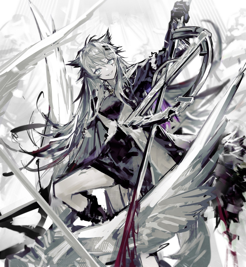 1girl animal_ears arknights black_coat black_dress black_gloves blood blood_on_weapon coat dress gloves grey_hair grin hair_ornament hairclip highres holding holding_sword holding_weapon knee_up lappland_(arknights) lappland_(refined_horrormare)_(arknights) long_hair long_sleeves looking_at_viewer remsrar scar scar_across_eye smile solo standing sword tail teeth very_long_hair weapon wings wolf_ears wolf_girl wolf_tail