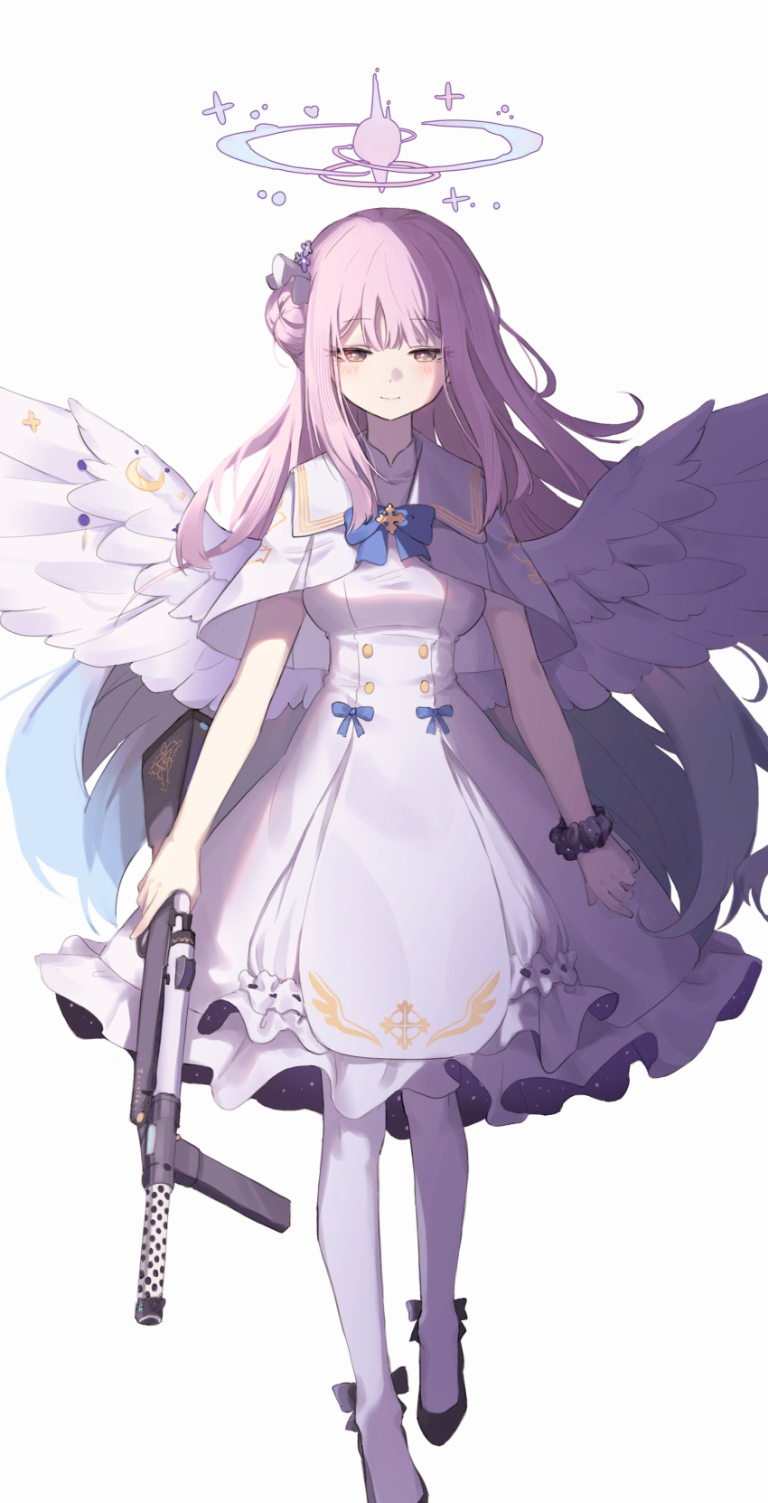 absurdres angel_wings black_scrunchie blue_archive capelet dress feathered_wings gun hair_bun halo highres lanchester_smg long_hair mika_(blue_archive) pink_hair polyvora scrunchie single_side_bun sleeveless sleeveless_dress submachine_gun very_long_hair weapon white_capelet white_dress white_wings wings wrist_scrunchie yellow_eyes