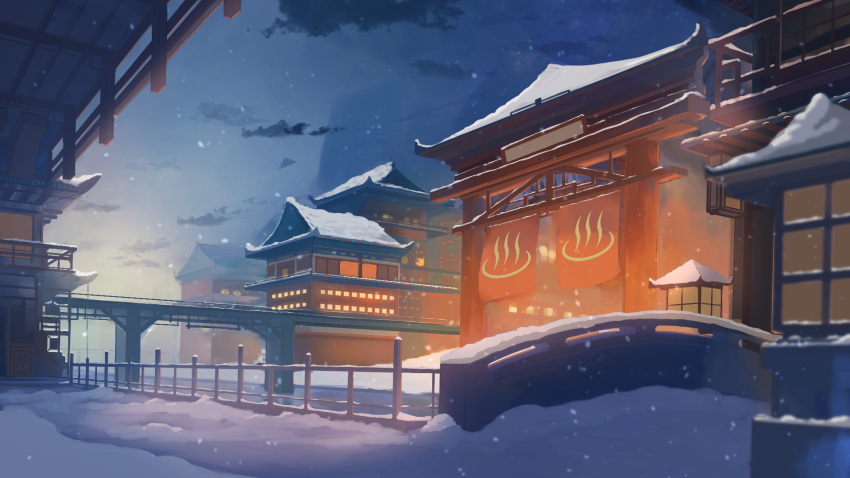 architecture bridge building canal cityscape clouds east_asian_architecture highres lantern litimo no_humans onsen_symbol original railing scenery sky snow snowing window winter