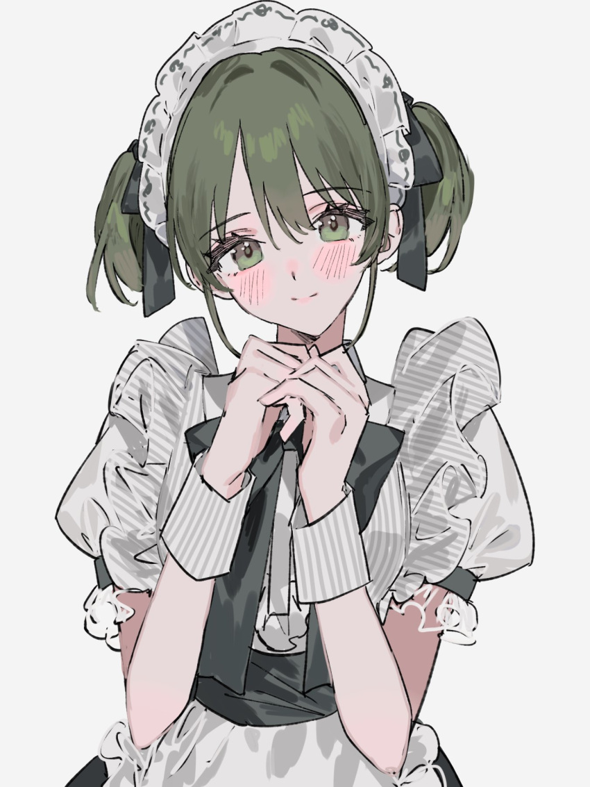1girl alternate_costume aogisa apron blush enmaided green_eyes green_hair highres idolmaster idolmaster_shiny_colors light_smile looking_at_viewer maid nanakusa_nichika neck_ribbon official_alternate_costume own_hands_together puffy_short_sleeves puffy_sleeves ribbon short_hair short_sleeves short_twintails simple_background solo twintails upper_body white_apron white_background wrist_cuffs