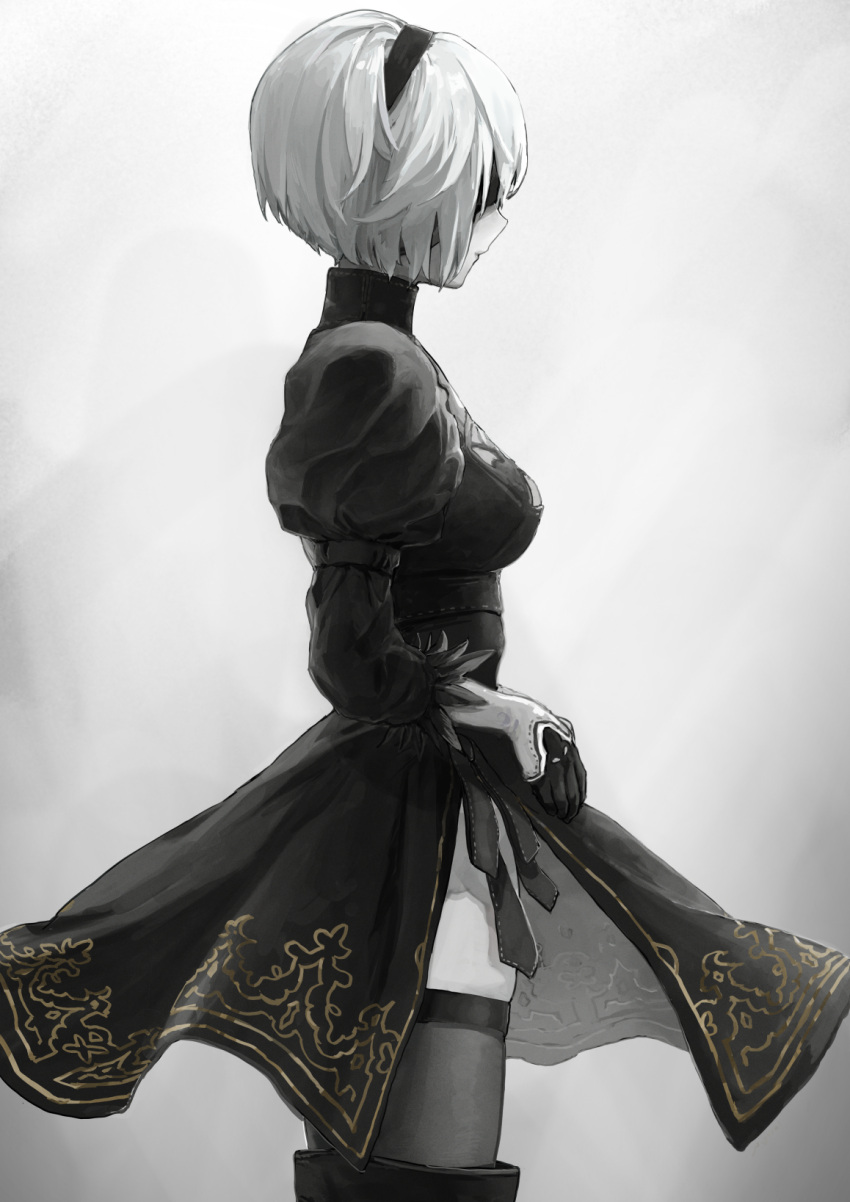 1girl black_blindfold black_dress black_hairband black_thighhighs blindfold boots breasts cleavage_cutout clothing_cutout dress feather-trimmed_sleeves hairband highres juliet_sleeves jyakku leather leather_boots long_sleeves medium_breasts nier_(series) nier_automata puffy_sleeves short_hair solo thigh-highs thigh_boots thighs white_hair yorha_no._2_type_b