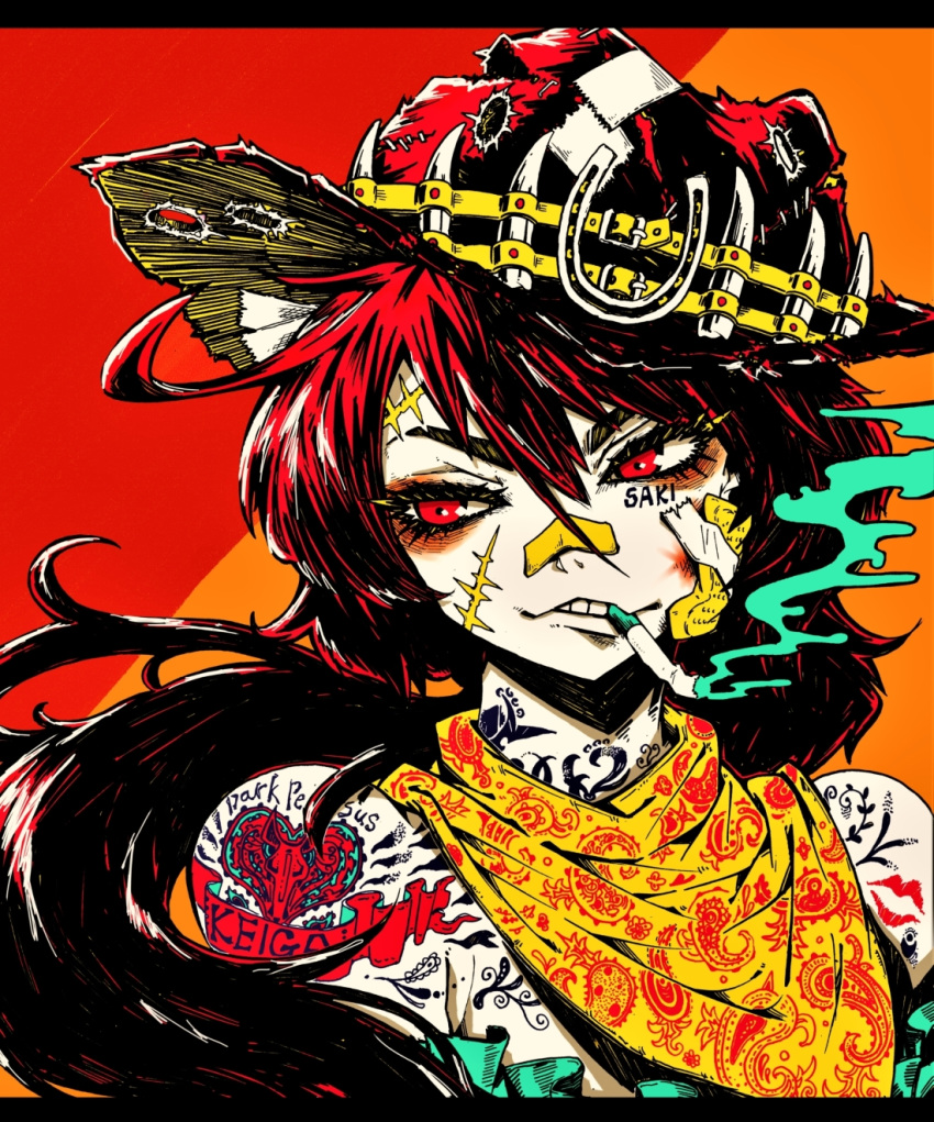 1girl arm_tattoo bandaid bandaid_on_face bandaid_on_nose bandana bangs brown_hair brown_headwear cigarette commentary_request cowboy_hat flower_tattoo grin hair_between_eyes hat heart heart_tattoo highres horseshoe_hat_ornament kurokoma_saki letterboxed lip_tattoo long_hair looking_to_the_side low_ponytail neck_tattoo nehitsuji_(syatihokoga) ponytail portrait red_eyes scar scar_on_cheek scar_on_face scar_on_forehead shoulder_tattoo smile smoking solo tattoo tooth_hat touhou yellow_bandana