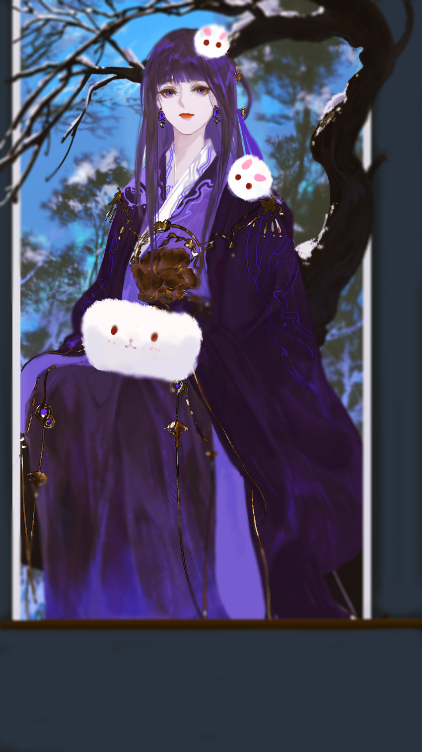 1girl absurdres bare_tree chinese_clothes closed_mouth earrings expressionless fan_yu_xi hair_ornament hanfu highres jewelry medium_hair muff purple_hair qin_shi_ming_yue shao_siming_(qin_shi_ming_yue) sitting smile snow solo tree violet_eyes white_pom_poms