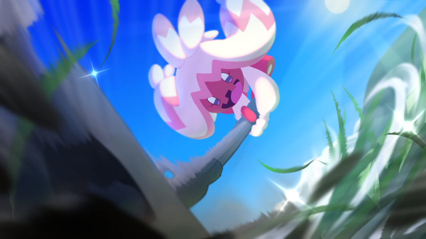 :d absurdres blurry commentary_request day falling_leaves hammer highres holding holding_hammer leaf motion_blur no_humans open_mouth outdoors pokemon pokemon_(creature) sky smile solo th-asary800 tinkaton tongue