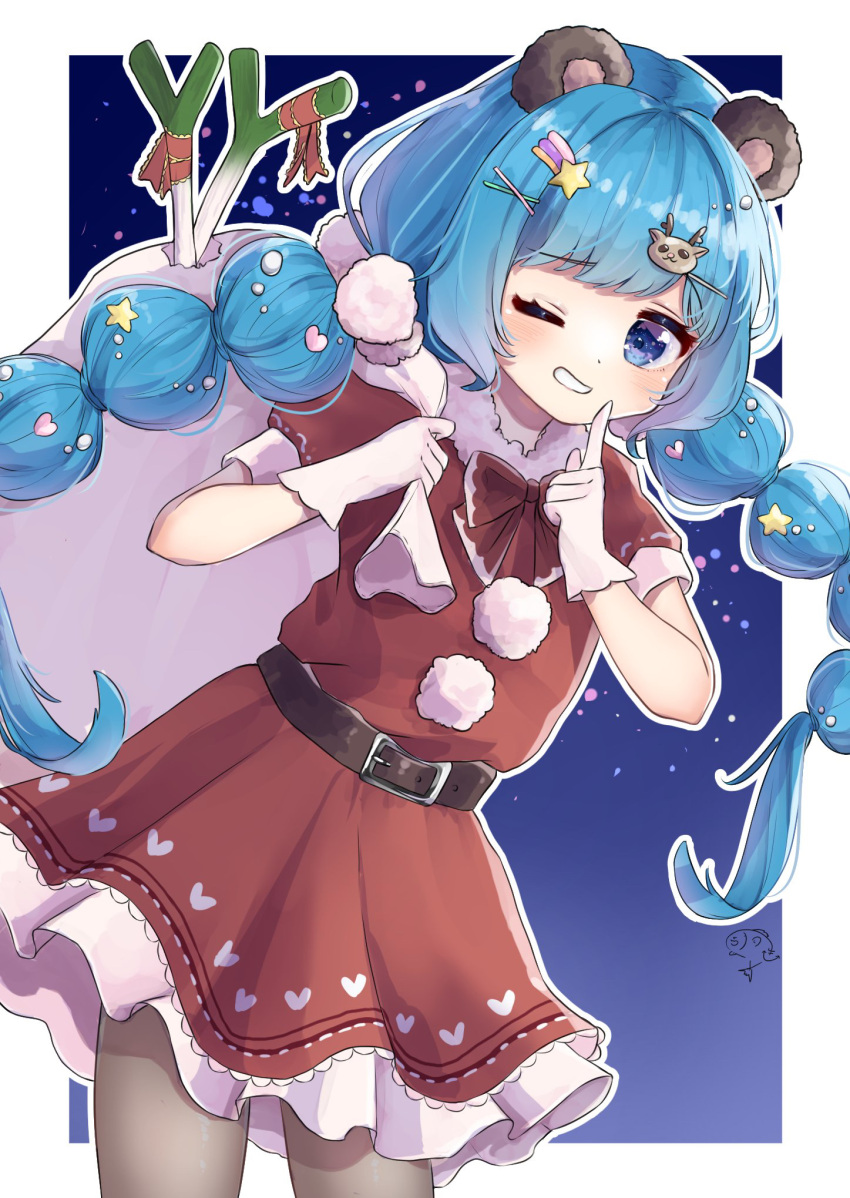 1girl animal_ears aqua_eyes aqua_hair bangs bear_ears belt blush bob_cut braid christmas dress finger_to_mouth fish gloves grin hair_ornament hand_to_own_mouth hatsune_miku heart heart_hair_ornament highres holding holding_sack kanzuki_tsunane low_twin_braids low_twintails one_eye_closed pantyhose reindeer_hair_ornament ribbon sack santa_costume santa_dress short_sleeves shushing smile solo spring_onion star_(symbol) star_hair_ornament thighs twin_braids twintails vocaloid