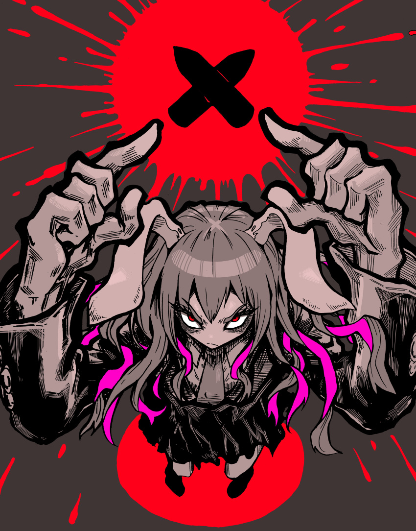 1girl absurdres angry animal_ears bags_under_eyes bangs black_outline bullet closed_mouth collared_shirt colored_inner_hair commentary_request floppy_ears foreshortening frown full_body highres limited_palette long_hair multicolored_hair necktie nehitsuji_(syatihokoga) outline purple_hair rabbit_ears rabbit_girl red_eyes reisen_udongein_inaba shirt skirt solo touhou v-shaped_eyebrows