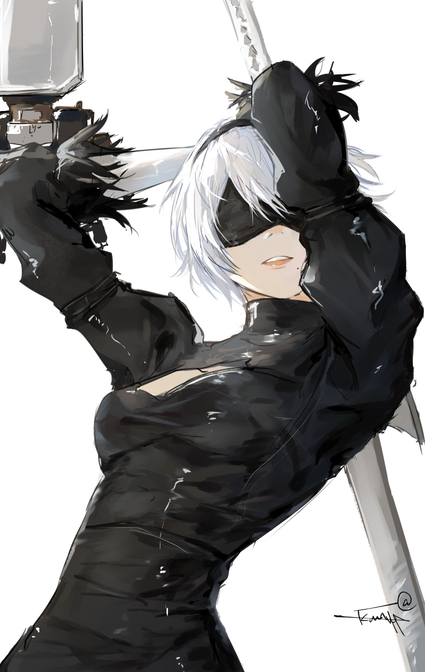 1girl absurdres arms_up black_blindfold black_dress black_hairband blindfold breasts cleavage_cutout clenched_teeth clothing_cutout dress drone feather-trimmed_sleeves floating hairband highres holding holding_weapon juliet_sleeves kumah_dessu long_sleeves medium_breasts nier_(series) nier_automata non-humanoid_robot pod_(nier_automata) puffy_sleeves robot science_fiction short_hair signature solo sword teeth weapon white_hair yorha_no._2_type_b