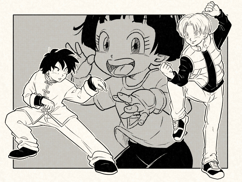 1girl 2boys absurdres child chinese_clothes clenched_hand commentary dragon_ball dragon_ball_super dragon_ball_super_super_hero english_commentary female_child fighting_stance fingerless_gloves frown gloves greyscale highres monochrome multiple_boys open_mouth pan_(dragon_ball) pink_mousse shoes short_hair smile sneakers son_goten standing standing_on_one_leg trunks_(dragon_ball) vest