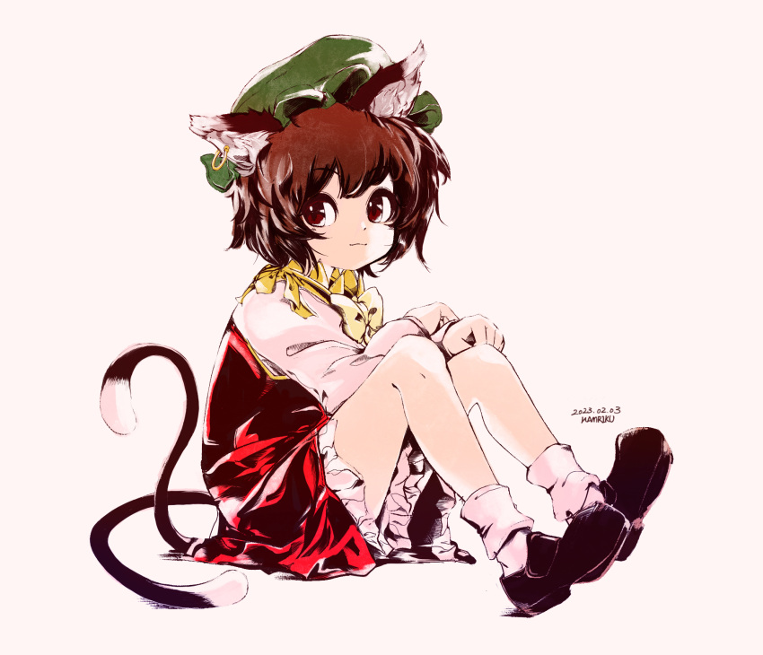 1girl animal_ear_fluff animal_ears bangs bobby_socks bow bowtie brown_eyes brown_hair cat_ears cat_tail chen closed_mouth colorized dated earrings full_body hamriku hat highres jewelry knees_up light_smile looking_at_viewer mob_cap nekomata red_eyes short_hair simple_background single_earring sitting socks solo tail touhou white_background