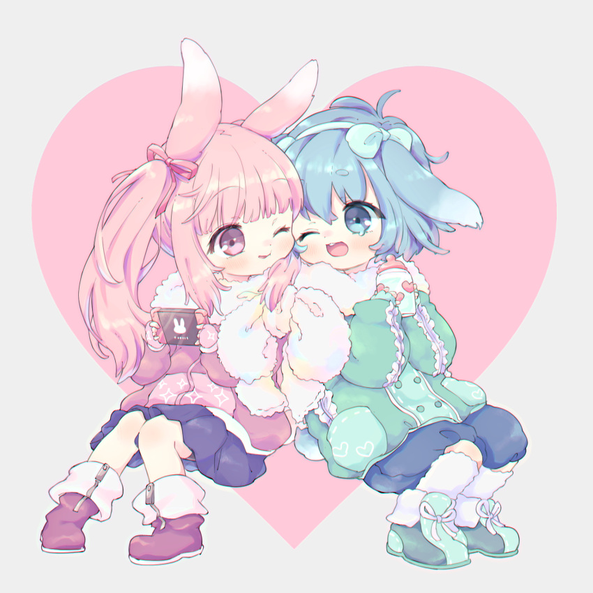 2girls animal_ears baby_bottle blue_eyes blue_hair blue_pants blue_skirt boots bottle bow cheek-to-cheek cheek_squash child coat face-to-face female_child green_coat green_footwear hair_bow hairband heads_together heart highres kotohisa_kao long_hair multiple_girls nintendo_switch one_eye_closed open_mouth original pants pink_coat pink_eyes pink_footwear pink_hair playing_games rabbit_ears rabbit_girl ribbon scarf shared_clothes shared_scarf short_hair sitting skirt smile twintails white_scarf