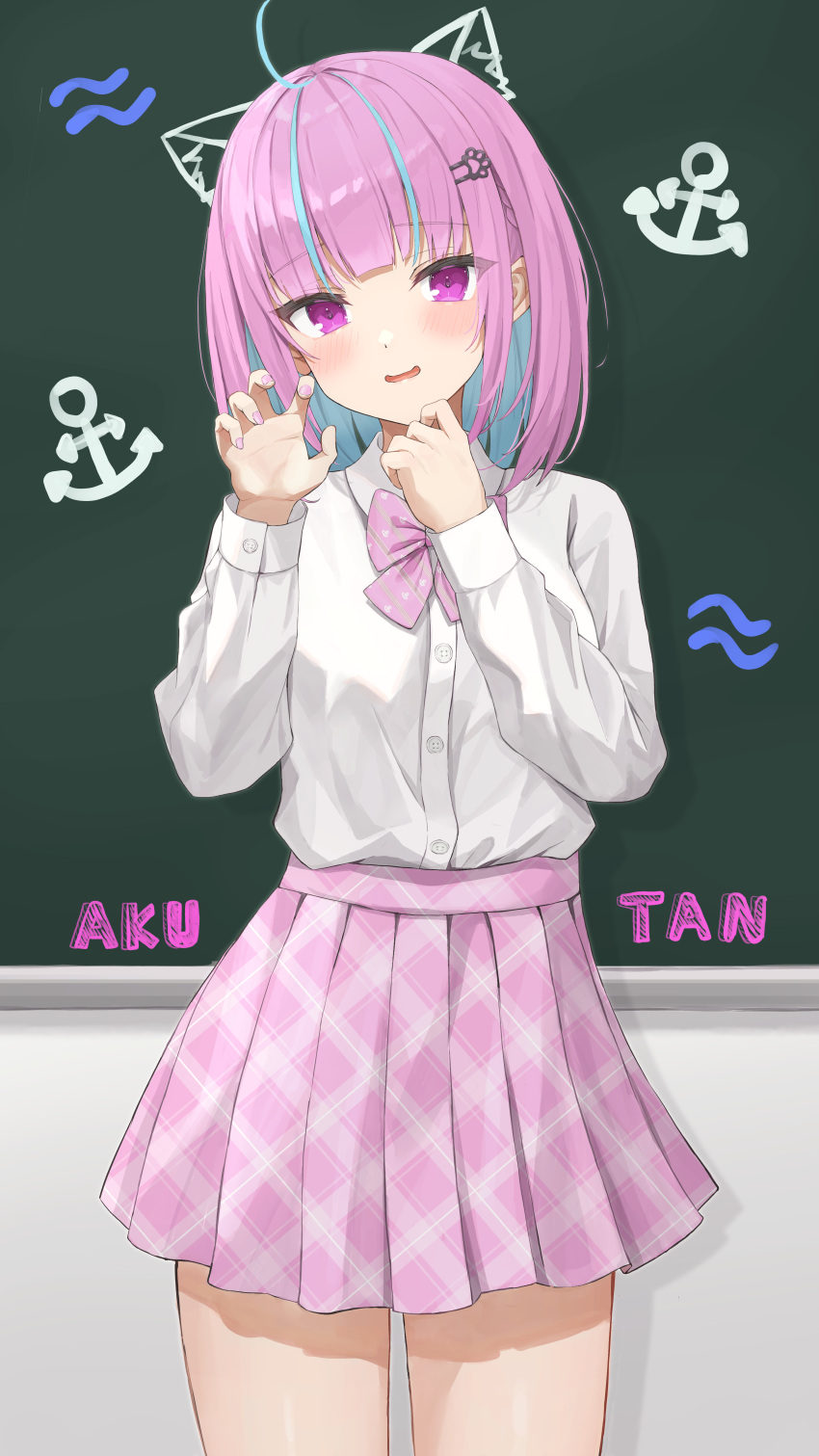 1girl :d absurdres ahoge alternate_costume alternate_hair_length alternate_hairstyle anchor_symbol aqua_hair bangs blunt_bangs blush bow bowtie breasts chalk chalkboard character_name claw_pose collarbone colored_inner_hair drawing dress_shirt hair_ornament hairclip hand_on_own_chin hand_up highres hololive jewelry long_sleeves looking_at_viewer minato_aqua multicolored_hair nail_polish norio_(noriosub) open_mouth piercing pink_bow pink_bowtie pink_hair pink_nails pink_skirt plaid plaid_skirt pleated_skirt school_uniform shirt shirt_tucked_in short_hair skirt sleeves_rolled_up small_breasts smile solo streaked_hair swept_bangs two-tone_hair violet_eyes virtual_youtuber white_shirt